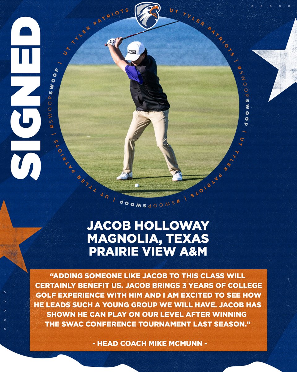 UT Tyler Patriots (@uttylerpatriots) on Twitter photo MGOLF | Joining <a href="/UTTylerMensGolf/">UT Tyler Men's Golf</a> for next season is a talented transfer with a conference title under his belt! Welcome to the Patriot family Jacob!
#SwoopSwoop MGOLF | Joining <a href="/UTTylerMensGolf/">UT Tyler Men's Golf</a> for next season is a talented transfer with a conference title under his belt! Welcome to the Patriot family Jacob!
#SwoopSwoop