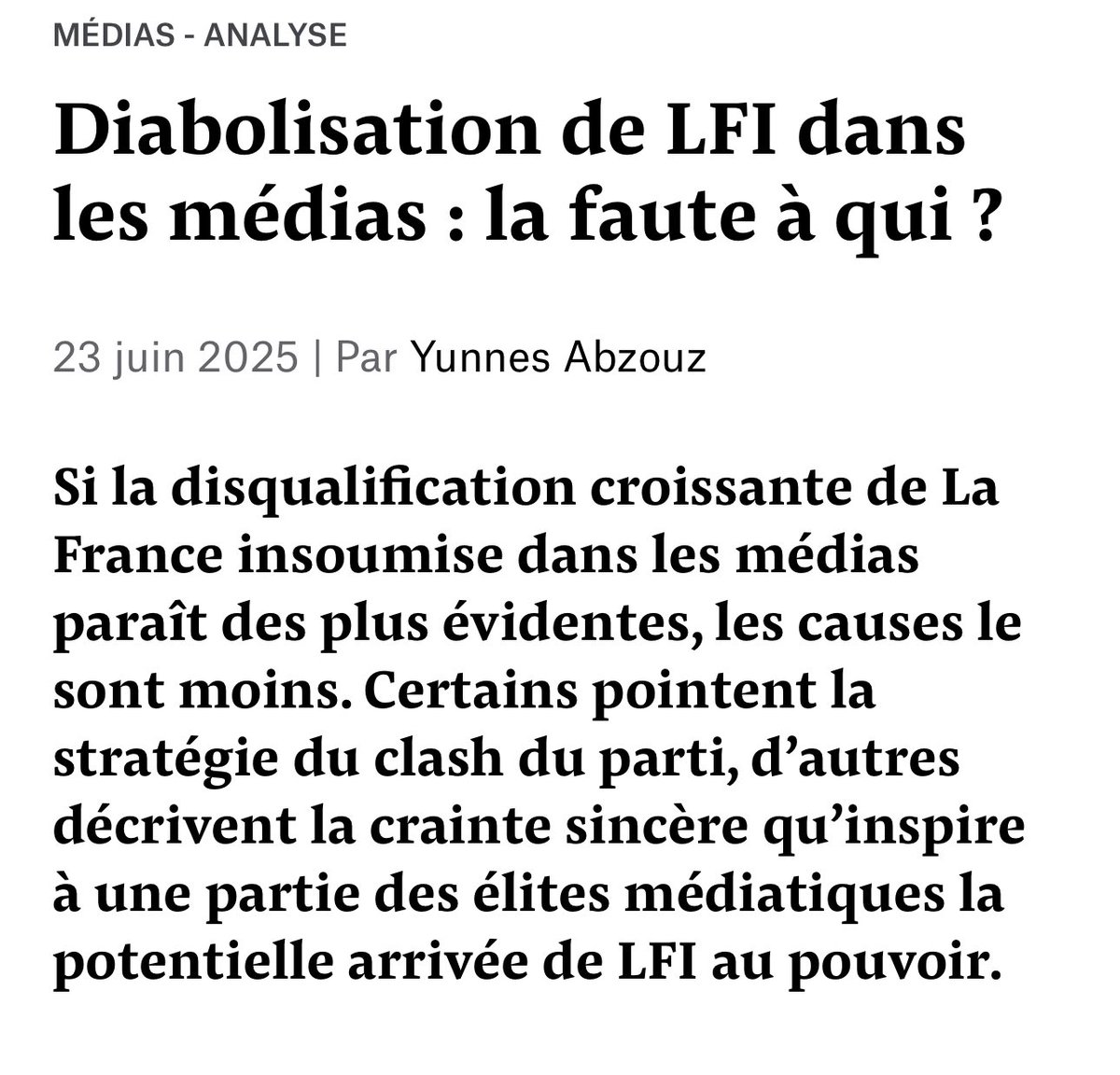 Diabolisation de LFI dans les médias : la faute à qui ? 
 À lire sur Mediapart. 
mediapart.fr/journal/politi…