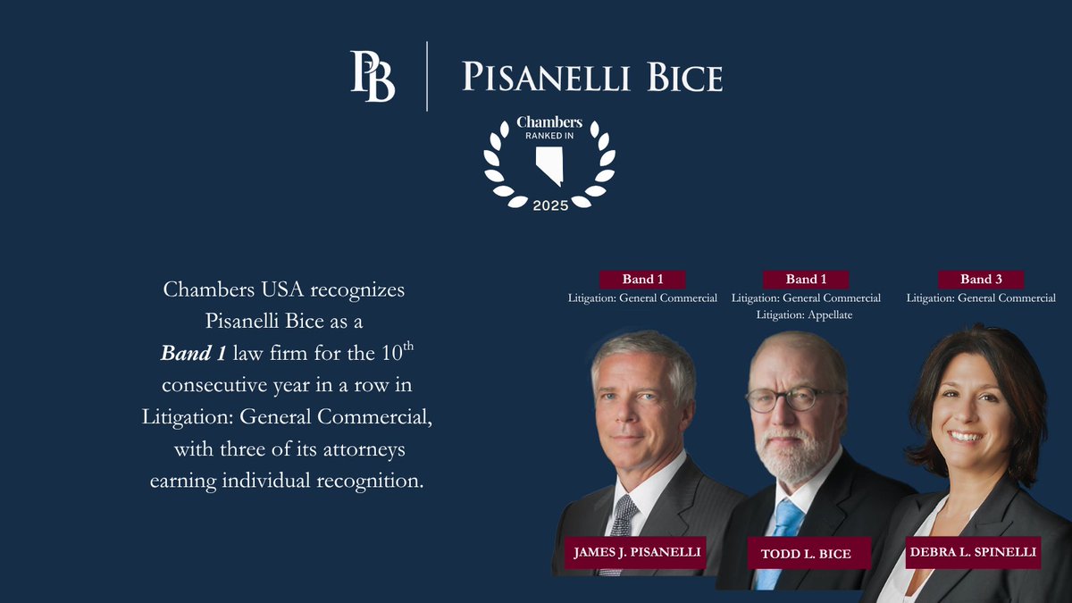 PisanelliBice's tweet photo. We’re thrilled to share that Pisanelli Bice has earned a Band 1 ranking in Commercial Litigation (Nevada) from #ChambersUSA2025.

Kudos to James Pisanelli, Todd Bice &amp; Debra Spinelli for individual rankings as top litigators.
Proud to lead in high-stakes advocacy. https://t.co/NZJrqztPnF