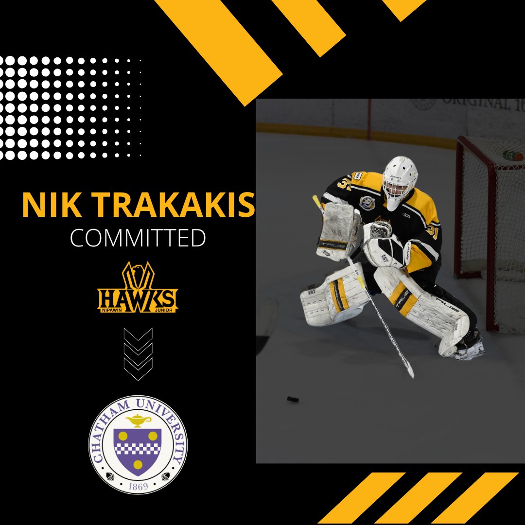 Congrats to our goaltender #31 Nik Trakakis on his commitment to Chatham University!
nipawinhawks.sk.ca/hawks-goaltend…
#NipawinHawks #DefendTheNest #SJHL #HawksFamily #CollegeHockeyBound #ChathamUniversity #TrakWall