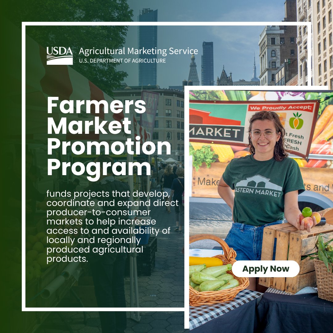 Apply today for the #USDA Farmers Market Promotion Program! Grants support producer-to-consumer markets such as farmers markets, roadside stands, agritourism activities, community-supported agriculture programs &amp; online sales. Apply by: June 27th. bit.ly/43COCkB