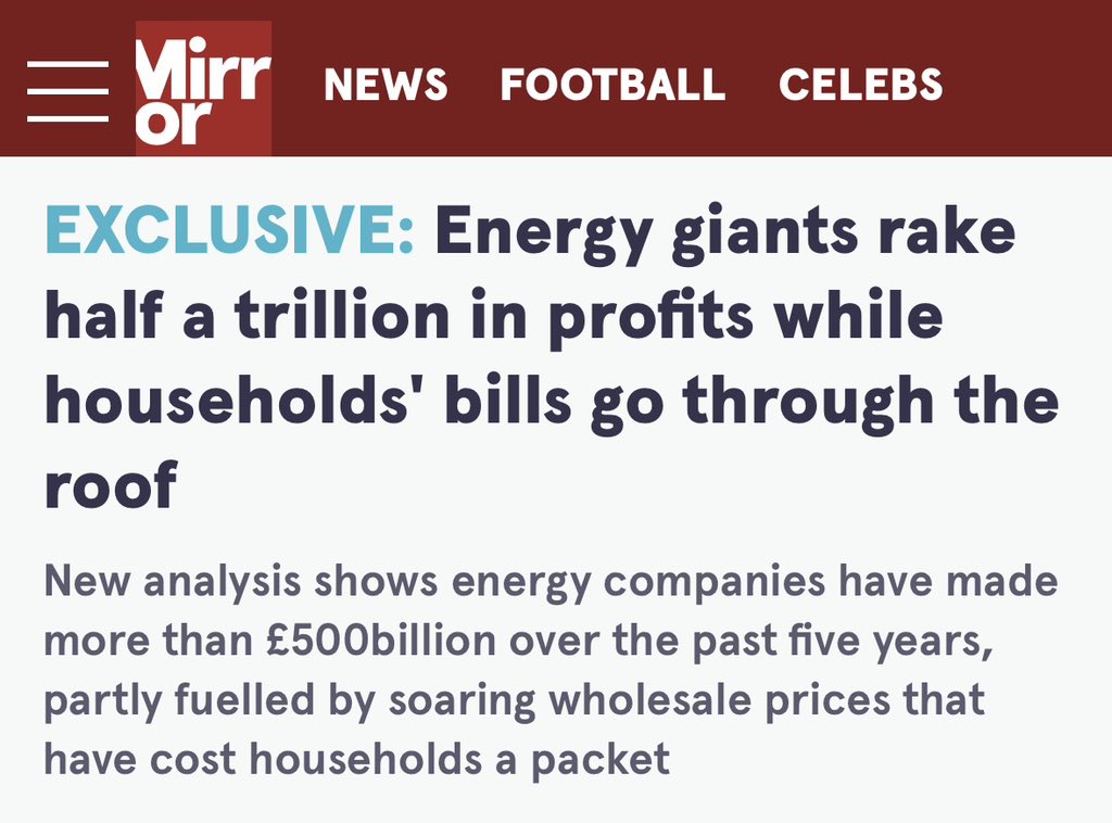 Over the past five years, 20 energy companies dominating the UK energy industry reported operating profits of over £514bn. And meanwhile, we are being fleeced by them. The cost of living crisis is because of a complete failure to address corporate fleecing like this.