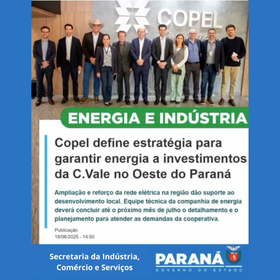 A Copel dará suporte de energia a novos projetos da cooperativa agroindustrial C.Vale, hoje uma das maiores da América Latina.  A instituição tem de 28 mil associados, 15 mil funcionários e faturou R$ 21,98 bilhões em 2024.

É o Paraná que avança!

Aoiii!!!