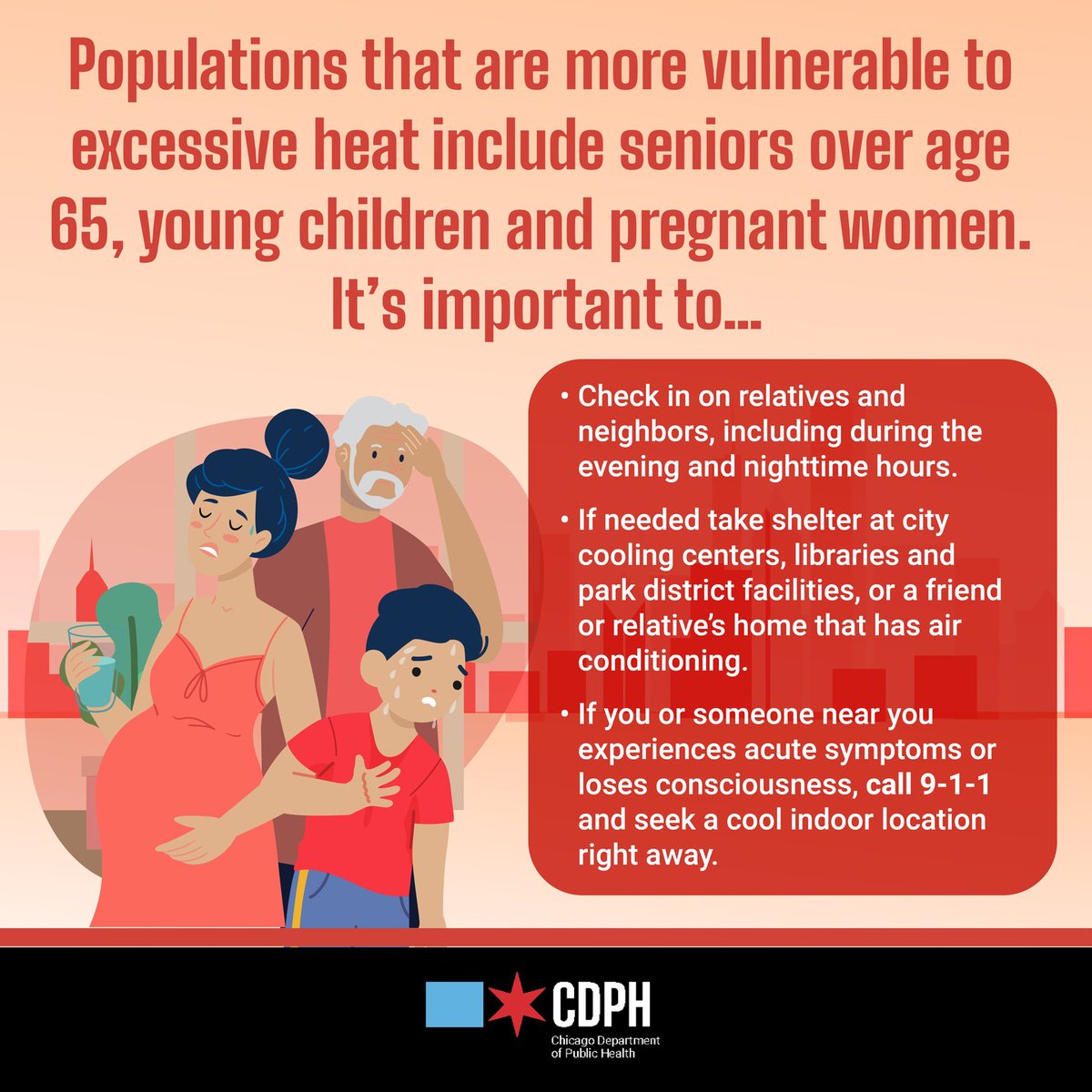 ChiPublicHealth's tweet image. During heat waves:
👉 Check in on relatives + neighbors
👉 If needed, take shelter at cooling centers, libraries + park district facilities
👉 If you or someone near you experiences acute symptoms, call 9-1-1 and seek a cool location
Tips: bit.ly/2jIhK6U