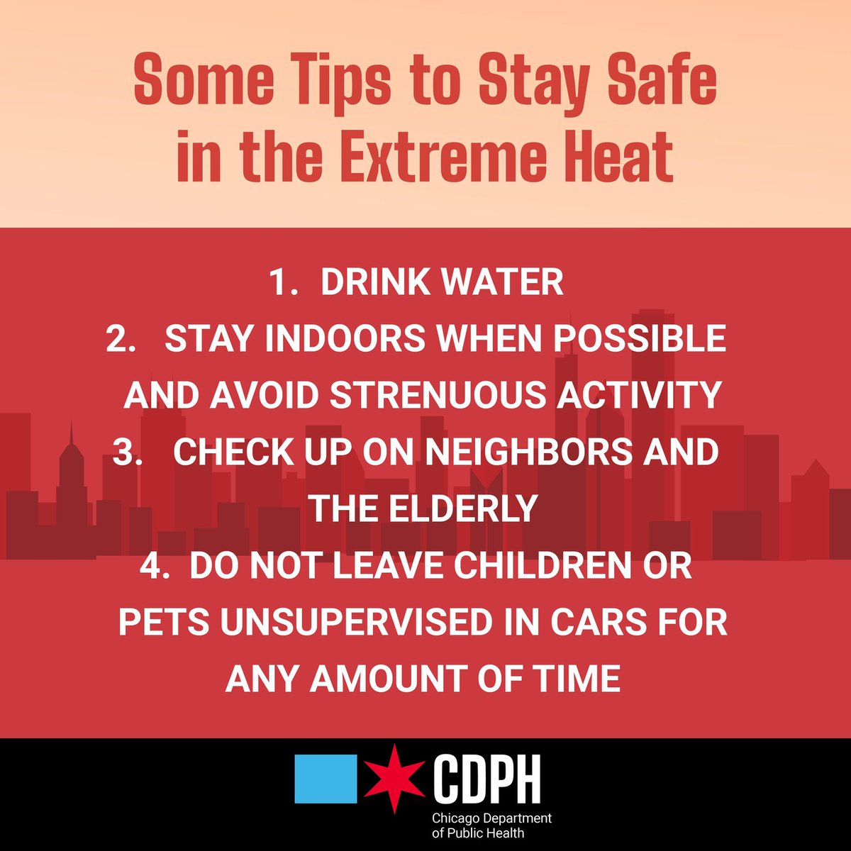 ChiPublicHealth's tweet image. During heat waves:
👉 Check in on relatives + neighbors
👉 If needed, take shelter at cooling centers, libraries + park district facilities
👉 If you or someone near you experiences acute symptoms, call 9-1-1 and seek a cool location
Tips: bit.ly/2jIhK6U