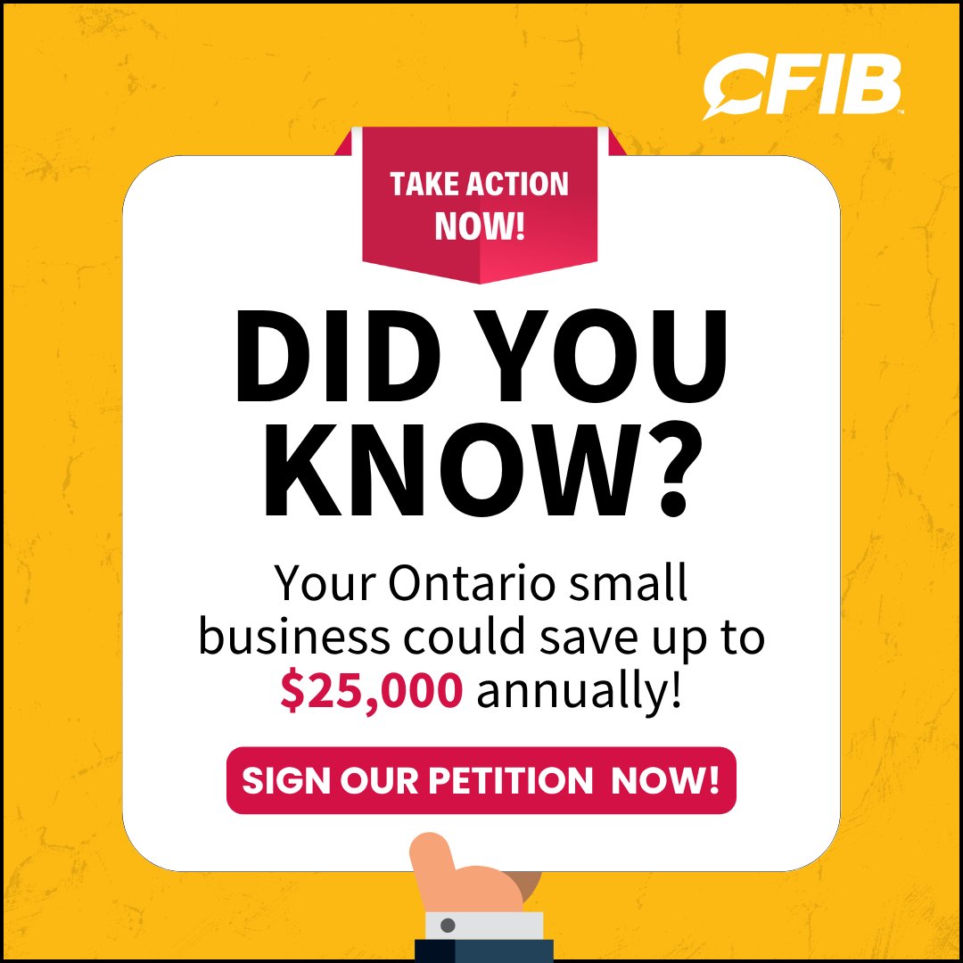 At 3.2%, Ontario’s small business tax rate is among the highest in Canada, with the income threshold frozen at $500,000 for almost 20 years. No wonder 84% of small business owners say it is time for change❗ 

We’re calling on the Ontario government to: 
✅ Cut the tax rate to