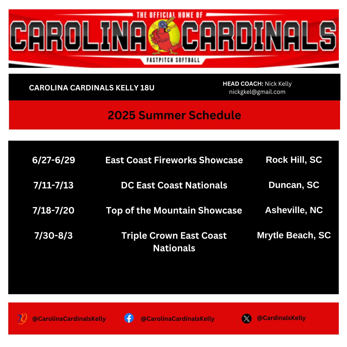 After a Top 16 weekend at Scenic City we wanted to get  the rest of our Summer schedule out to coaches.   Don't miss our '26s &amp; '27s.  Would love to see you at one of our showcases/tournaments.