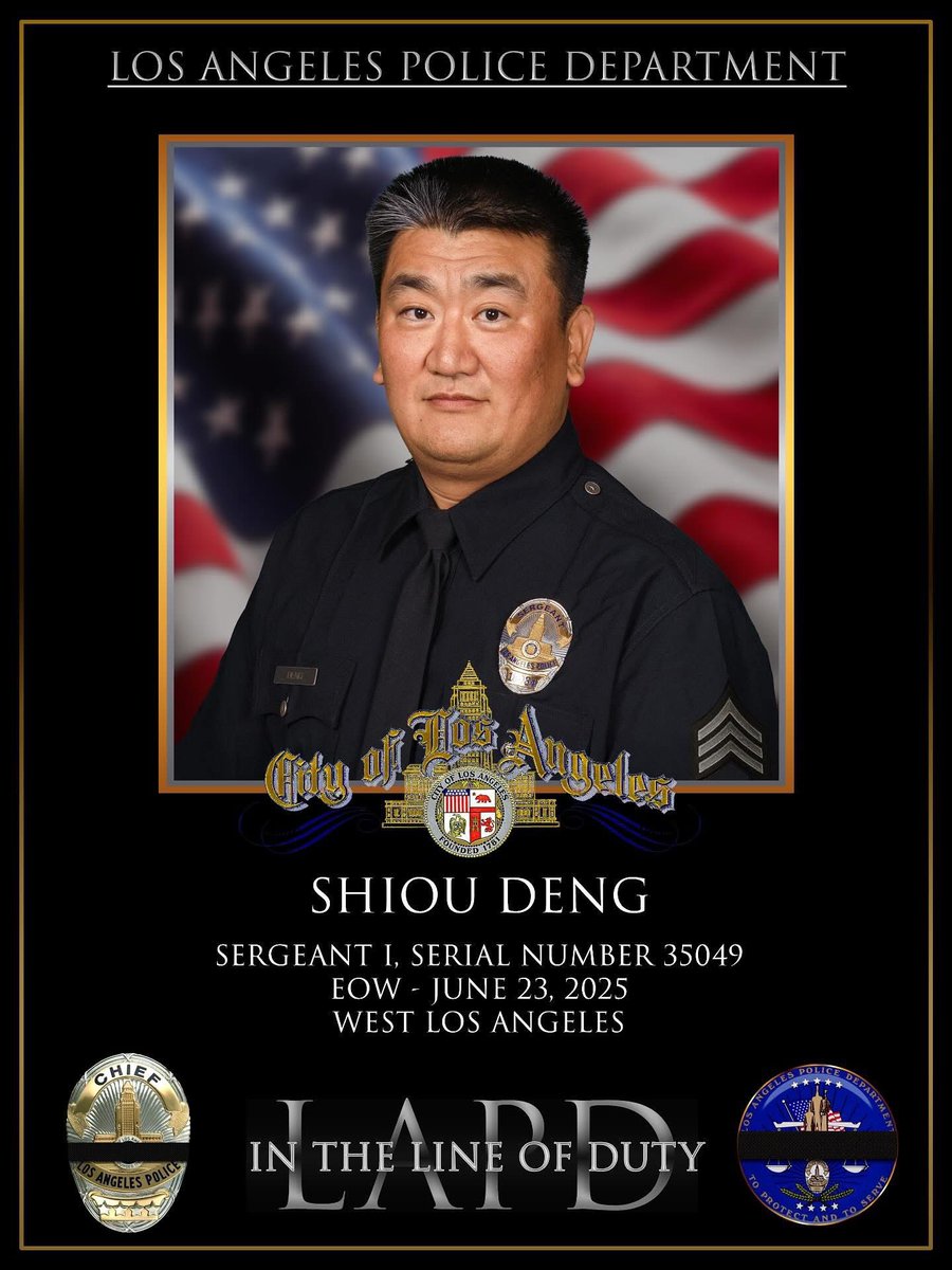 RSO's tweet image. Our hearts are heavy as we mourn alongside the @lapdhq as they face the loss of a hero in the line of duty.

We stand with you in grief, honor, and in solidarity. Sergeant Deng’s sacrifice will never be forgotten. 

#differentbadgesamefamily #LAPD