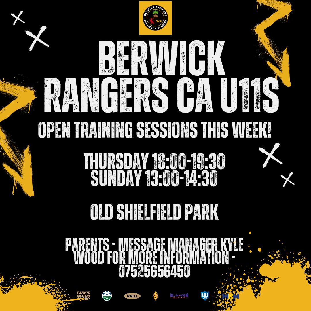⚽️ | Open training this week!

Next season's Berwick Rangers CA Under 11s are hosting a pair of open sessions at Old Shielfield!

⬇️ Details Below ⬇️