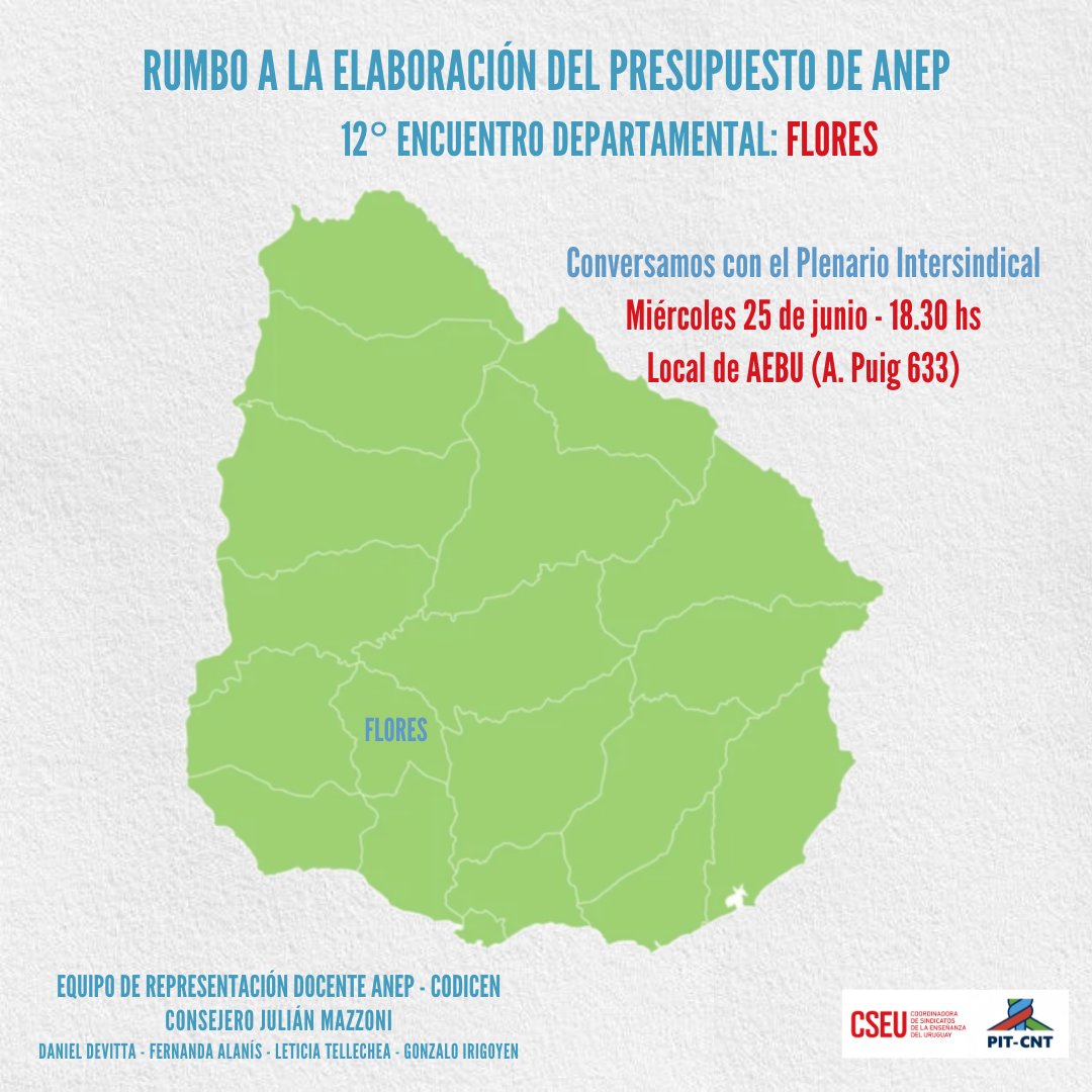 Seguimos recorriendo el país en nuestra tarea de relevamiento de necesidades presupuestales. Este miércoles visitaremos instituciones educativas de Flores e intercambiaremos con el Plenario Intersindical. Como es habitual, mantendremos contacto con la prensa del departamento.
