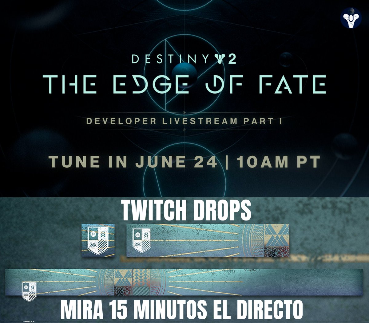 Descubre más detalles de Destiny 2: Los Confines del Destino - Parte 1.

🗓️ 24 de junio de 2025

Horarios:
🇲🇽🇸🇻🇨🇷🇬🇹🇭🇳: 11:00h
🇵🇪🇵🇦🇨🇴: 12:00h
🇩🇴🇻🇪🇵🇷🇨🇱: 13:00h
🇦🇷🇺🇾🇵🇾🇧🇷: 14:00h
🇵🇹🇮🇨: 18:00h
🇦🇩🇪🇸: 19:00h

#Destiny2