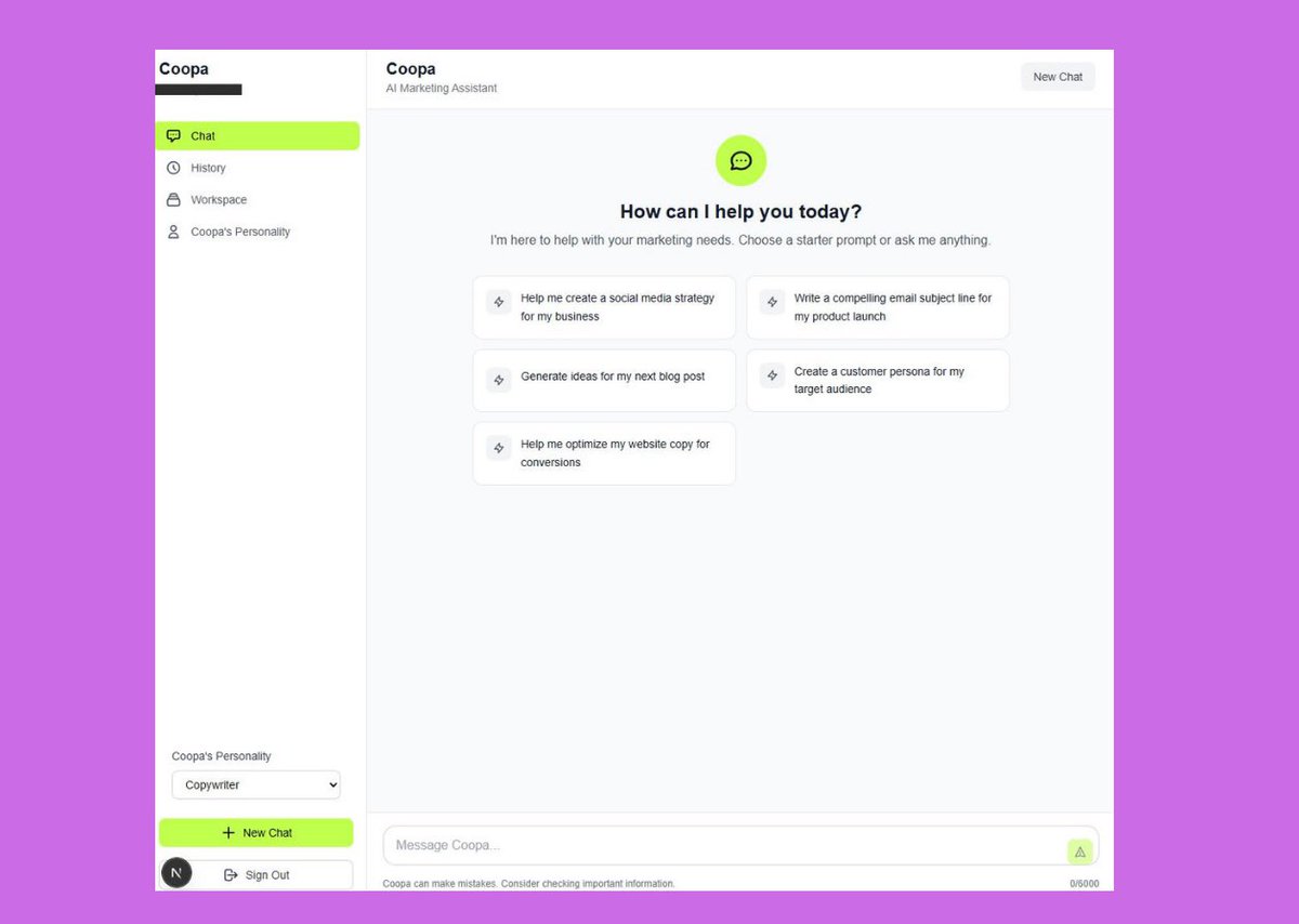 Kmaticu's tweet photo. First view of the coopa user interface. ✌️

Added direct call to actions in the chat so you can start right away.

Still a lot of things and details i need to add to make the user experience as smooth as possible.

Workflows must be smooth like butter, but currently they are not there yet. 🧈

Will not ship unti i am 100% happy.