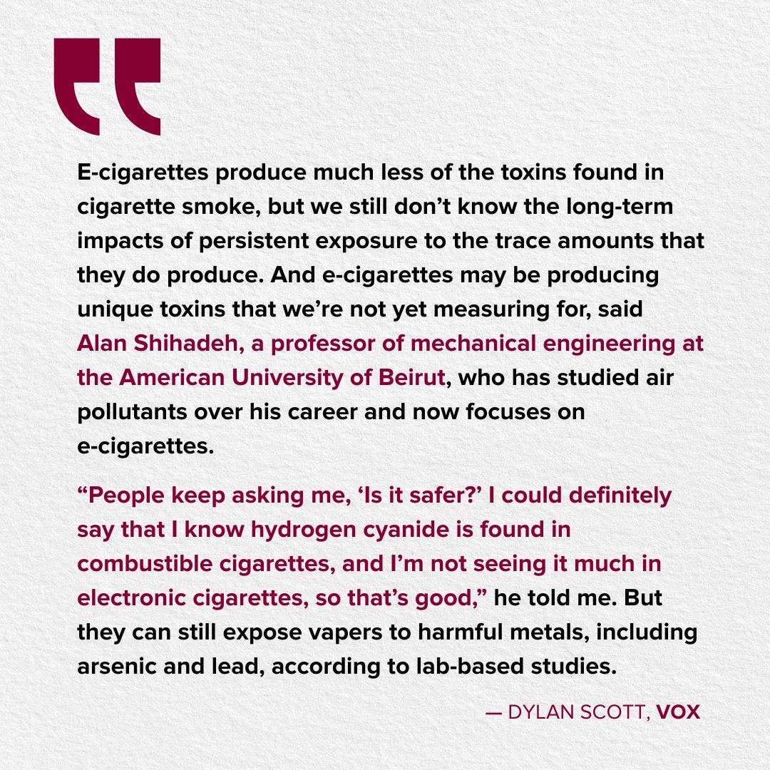 DiscoveringAUB's tweet image. In a recent @voxdotcom article, AUB’s Alan Shihadeh weighed in on vapes: they may be less toxic than cigarettes — but that doesn’t make them safe. Read more: tr.ee/vape