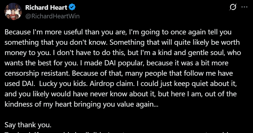 hexyafcajun's tweet photo. I wont hold back, so here goes..
the old @RichardHeartWin lives forever in my heart
But this guy can F**K OFF with
"because Im more useful than you are"
Anyone with this mentality disgusts me
You are not a gentle soul, you do not care
You are more worried about bragging and pumping your own ego
Is this what happens when $$$ and perceived fame gets to your head?
Anyone that justifies his attitude can also suck my virtual balls
It feels like losing a good friend, someone who actually cared