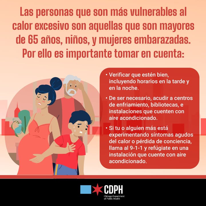 ChiPublicHealth's tweet image. ¡Llegó la ola de calor a Chicago! Mantente fresco e hidratado. La población más vulnerable incluída aquellos que no tienen aire acondicionado, son mayores de 65 años, padecen enfermedades crónicas, y están embarazadas, deberán tomar precauciones.
bit.ly/2jIhK6U