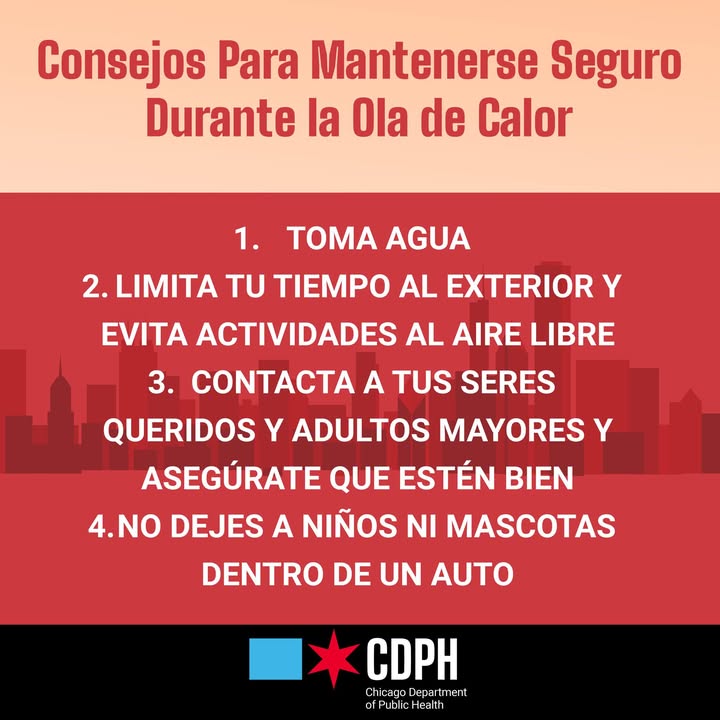 ChiPublicHealth's tweet image. ¡Llegó la ola de calor a Chicago! Mantente fresco e hidratado. La población más vulnerable incluída aquellos que no tienen aire acondicionado, son mayores de 65 años, padecen enfermedades crónicas, y están embarazadas, deberán tomar precauciones.
bit.ly/2jIhK6U