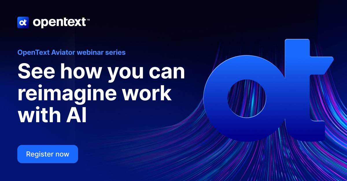 OpenText's tweet image. 🚀 See AI in action with the on-demand Aviator Webinar Series from OpenText.

Explore how GenAI is transforming work with smarter insights, automation &amp;amp; productivity gains.

🎥 Watch now: events.opentext.com/en-global-avia…
#GenAI #AI #OpenTextAviator