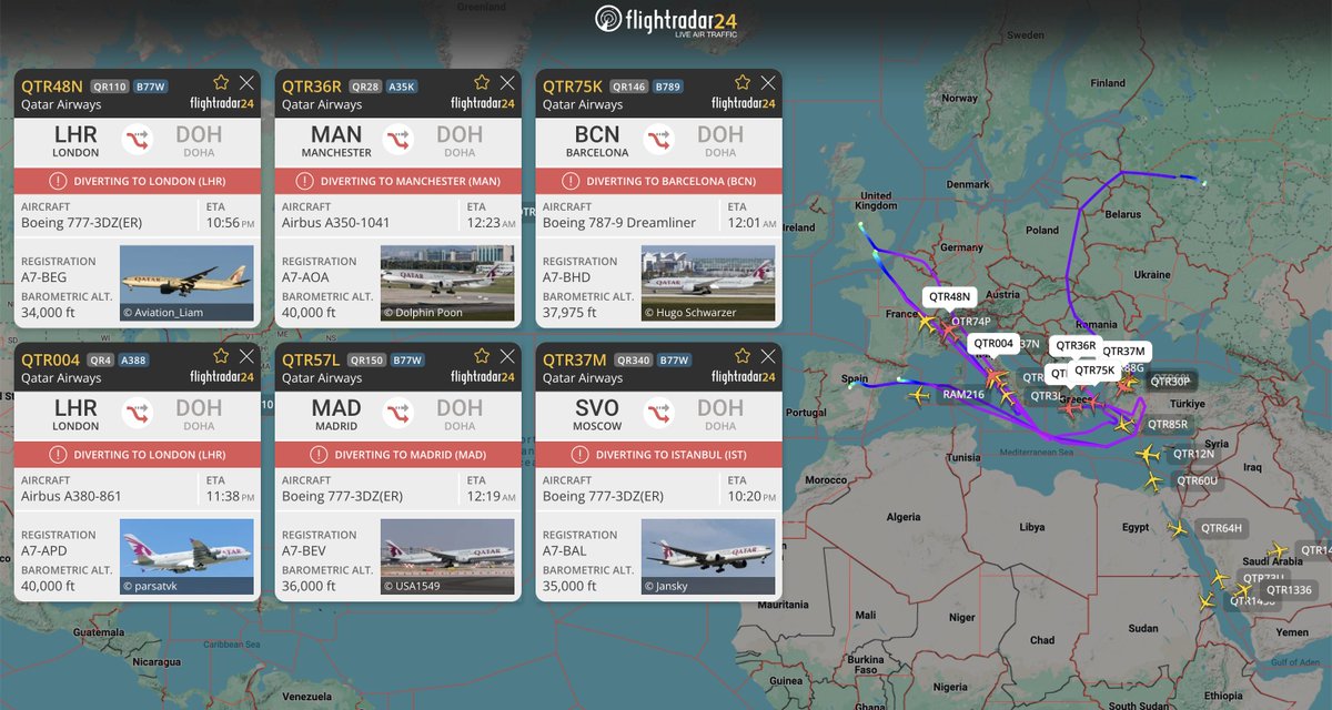 With airports close to Doha near or at capacity for diversions, Qatar Airways aircraft are now diverting to airports further from home. flightradar24.com/multiview/3aef…