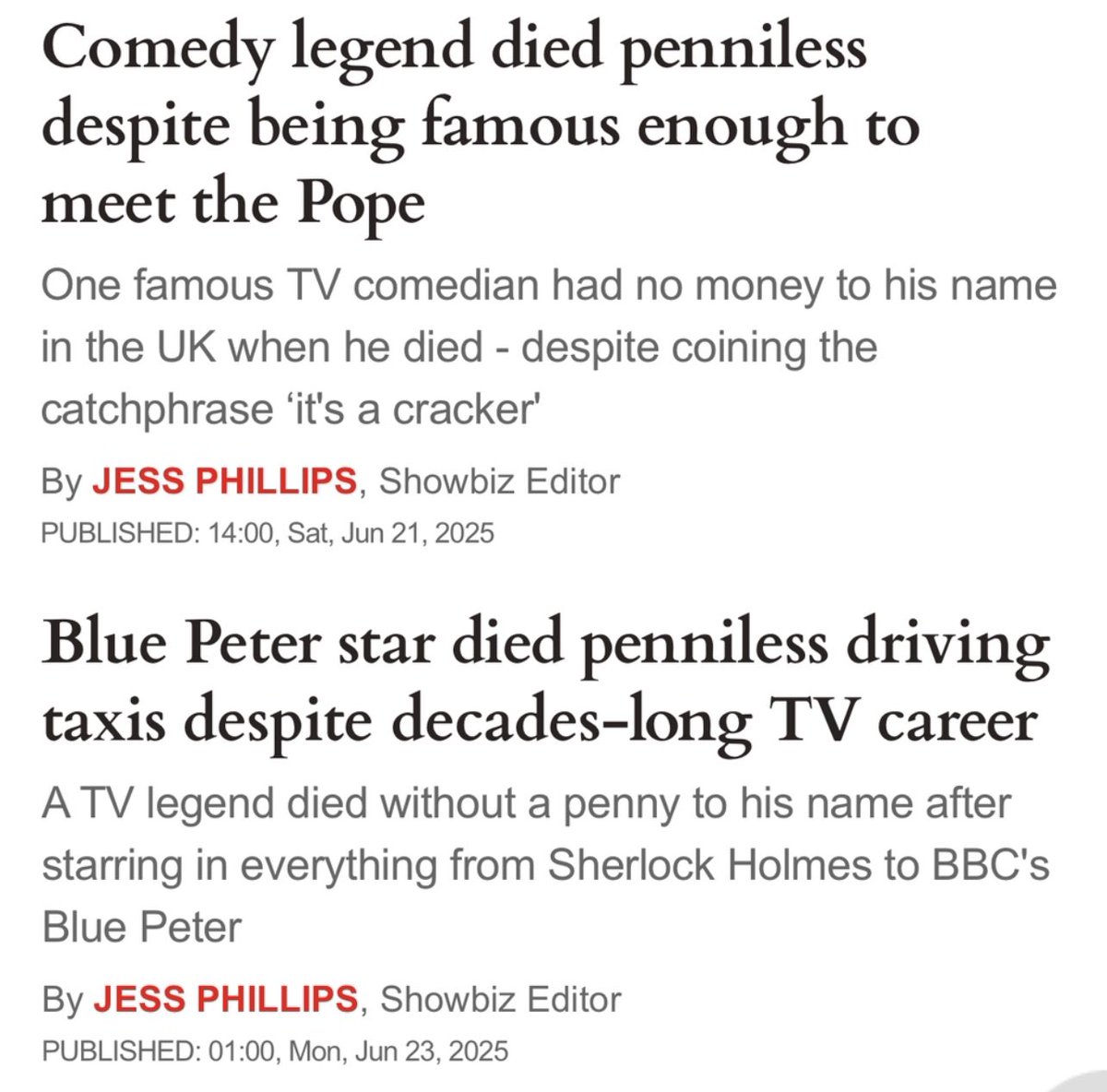 These two articles came up on my feed today. Both by the same journalist. One published Saturday &amp; the other today. The comedian was Frank Carson (died 2012) the BP star was Christopher Trace (died 1992!) Classic 24/7 rolling news filler crap. Well done Jess Phillips #cuttingedge