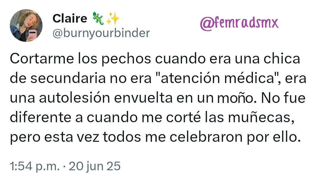 Durísimo testimonio de <a href="/burnyourbinder/">Claire 🦎✨</a> 
#StopDelirioTrans