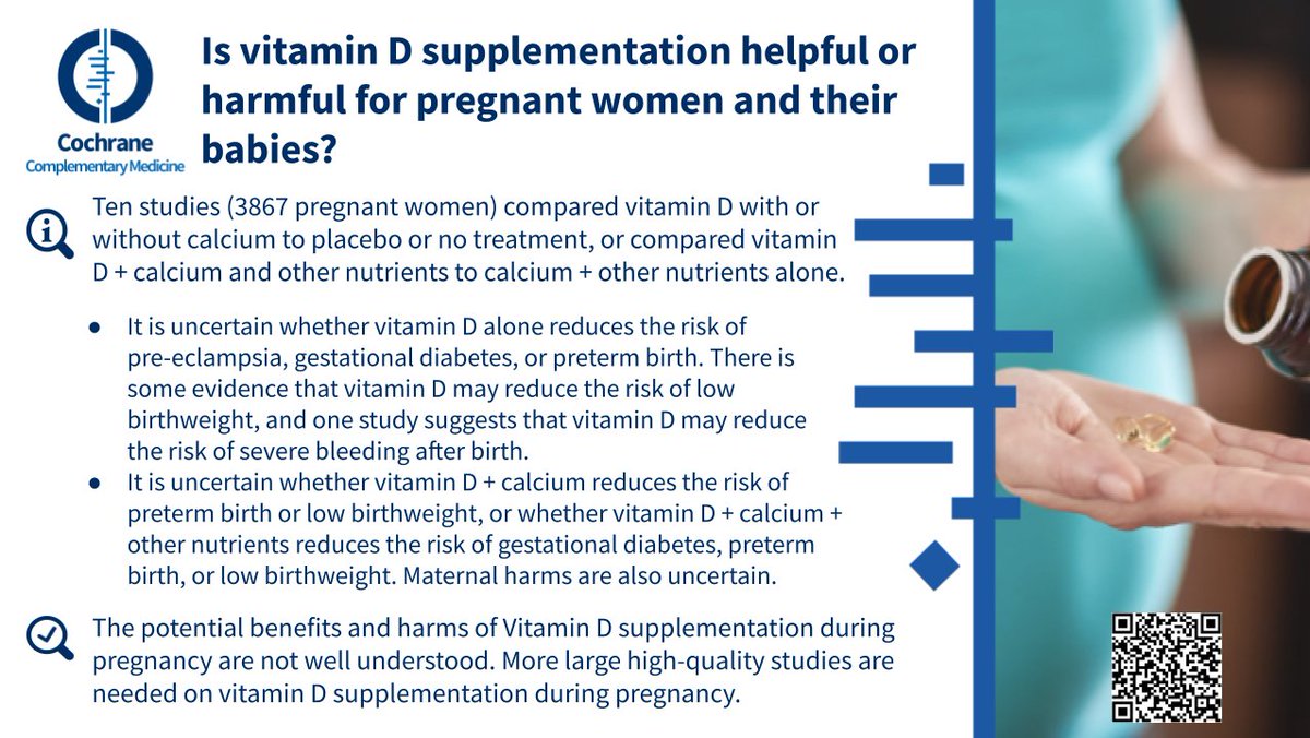 👶 Is vitamin D supplementation helpful or harmful for pregnant women and their babies?

📸 Get the current #healthevidence picture in this Cochrane #systematicreview:

cochranelibrary.com/cdsr/doi/10.10…