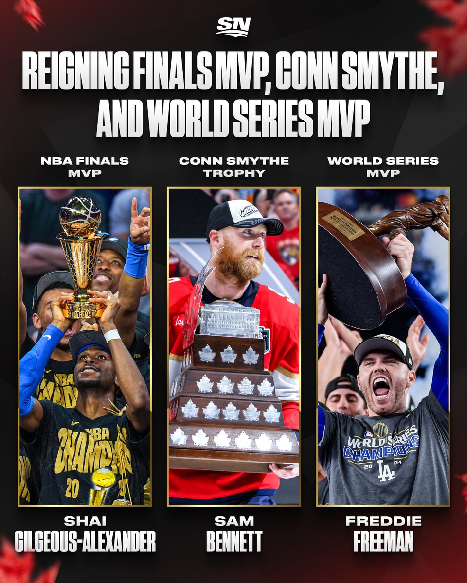Sportsnet's tweet image. MOST VALUABLE CANADIANS 🫡🍁

Canadian players currently hold MVP honours in the NBA Finals, Stanley Cup Playoffs and World Series 🏆