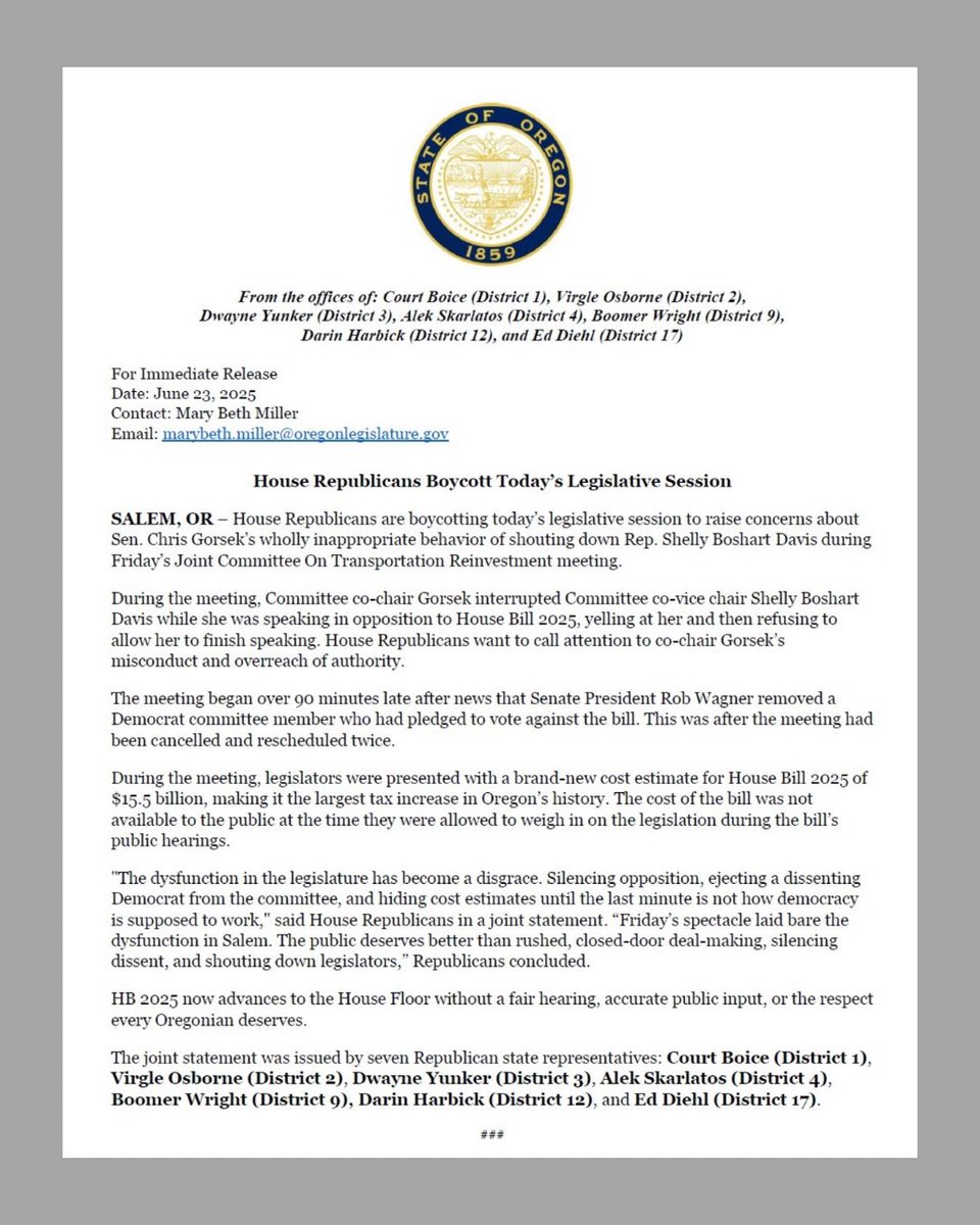 Rep. Real Diehl (@real_eddiehl) on Twitter photo I stand with House Republicans boycotting today’s session to condemn Sen. Gorsek’s outburst at <a href="/BoshartDavisAg/">Shelly Boshart Davis</a> and Sen. Wagner’s removal of Sen. Meek over HB 2025.
I agree with Rep. Boshart Davis—before Gorsek berated her— this $15.5B tax hike, rushed without Oregonians’ input, I stand with House Republicans boycotting today’s session to condemn Sen. Gorsek’s outburst at <a href="/BoshartDavisAg/">Shelly Boshart Davis</a> and Sen. Wagner’s removal of Sen. Meek over HB 2025.
I agree with Rep. Boshart Davis—before Gorsek berated her— this $15.5B tax hike, rushed without Oregonians’ input,