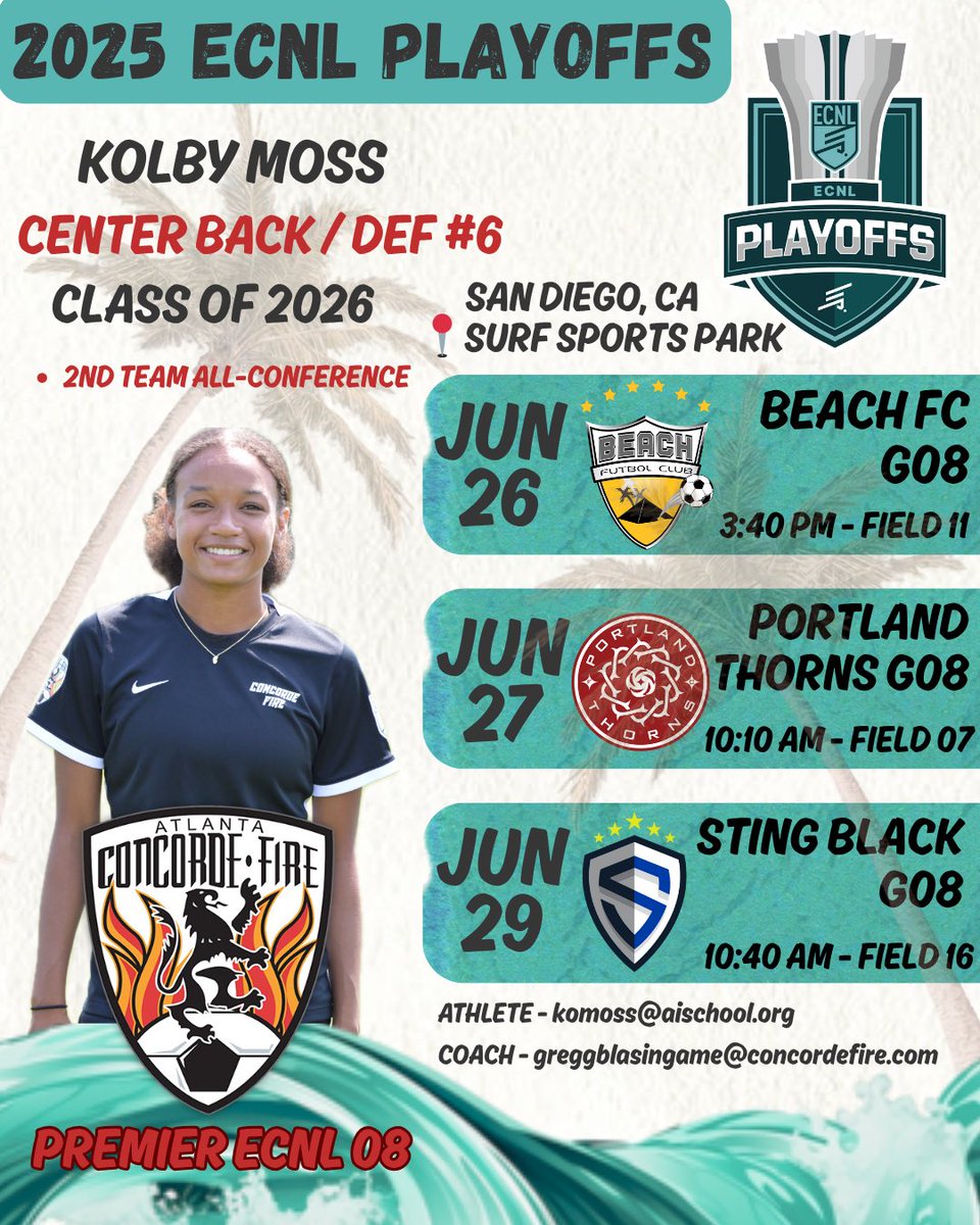 Super excited for <a href="/ECNLgirls/">ECNL Girls</a> playoffs with this <a href="/ConcordeSoccer/">Concorde Fire Soccer</a> 🔥 team one last time as a few of us pursue new opportunities. <a href="/ECNLSoutheast/">ECNL Southeast Girls</a>
<a href="/GWWomensSoccer/">GW Women's Soccer</a> <a href="/TheSoccerWire/">SoccerWire</a>
<a href="/NXTLevel_FUTBOL/">Next Level Futbol Consultancy.</a> <a href="/TopDrawerSoccer/">TopDrawerSoccer</a> <a href="/ImYouthSoccer/">ECNL/GA/Recruiting/College Soccer</a> <a href="/PrepSoccer/">Prep Soccer ⚽️</a>