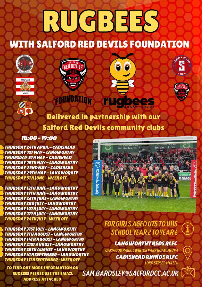 🐝Girls Rugbees this Thursday down at <a href="/LangworthyReds/">Langworthy Reds</a>!

Any girls aged 7 to 11 that are looking for that additional rugby offering we have sessions at Oakwood Park every Thursday up to September!

To find out more or how to join please email sam.bardsley@salfordcc.ac.uk