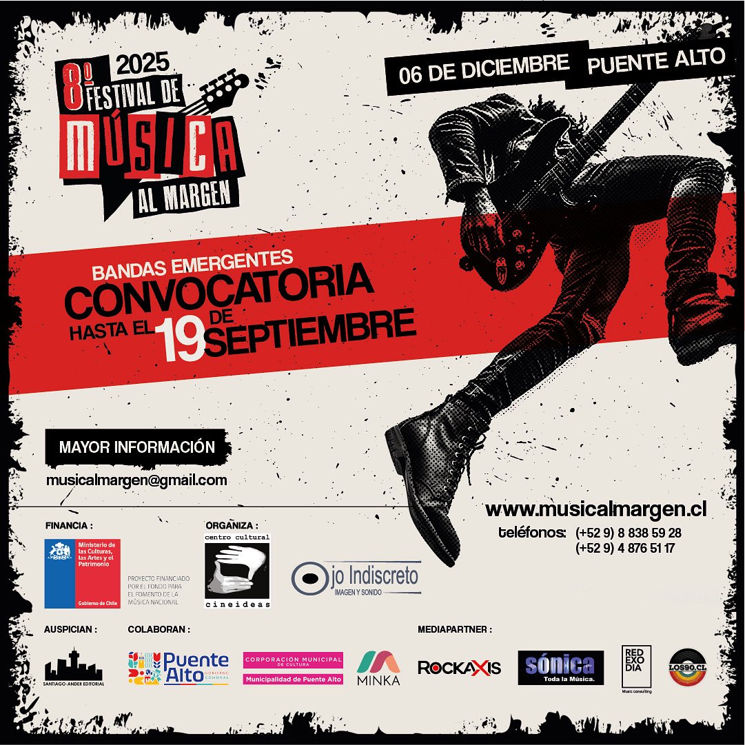 Se abre convocatoria de 8vo  Festival de Música al Margen para bandas emergentes de la RM / dead line 19 de Septiembre /organizado por #bandasemergentes #rm  <a href="/rockaxisoficial/">Rockaxis</a> @redexodiachile @betoyunusic bases  en musicalmargen.cl