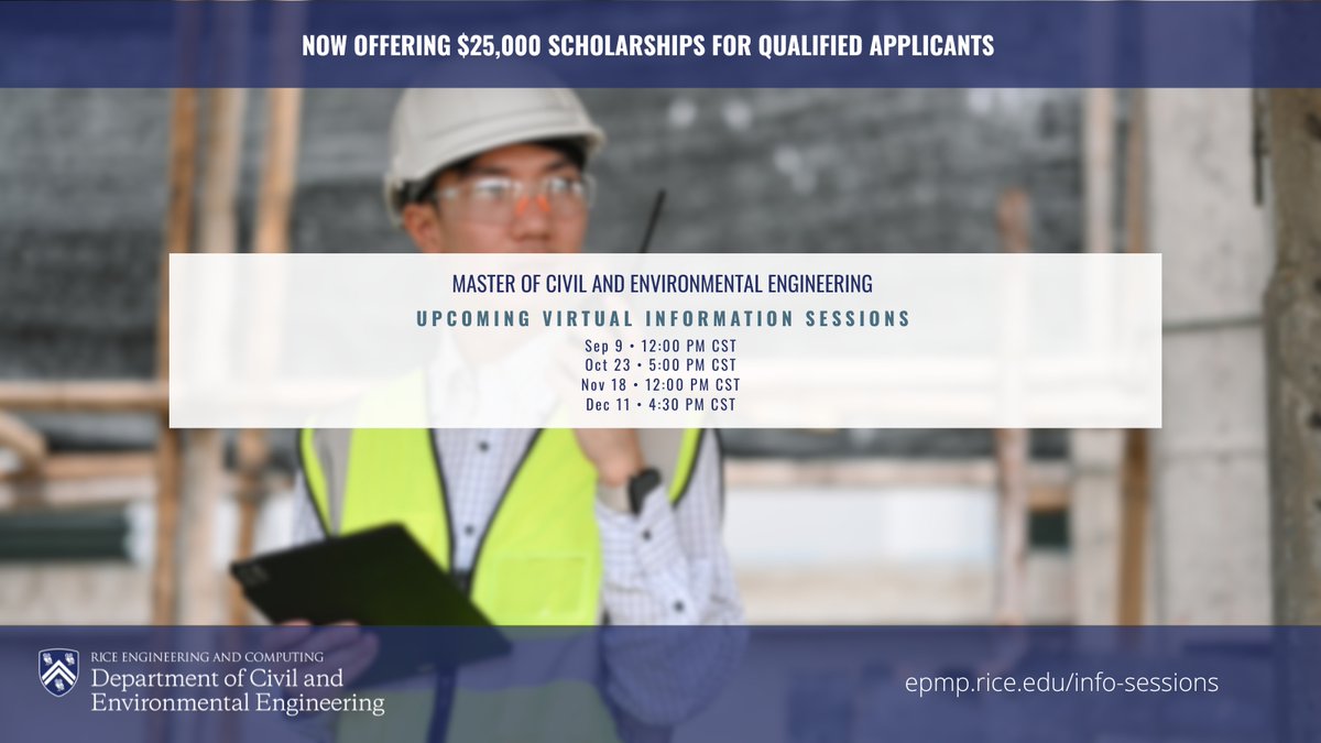 RiceCEVE's tweet image. 🎓 Join us for virtual info sessions about our Master of Civil and Environmental Engineering! Learn about our comprehensive MCEE curriculum, connect with faculty, discover funding opportunities and more.
🔗 Register: bit.ly/3hxtPq7