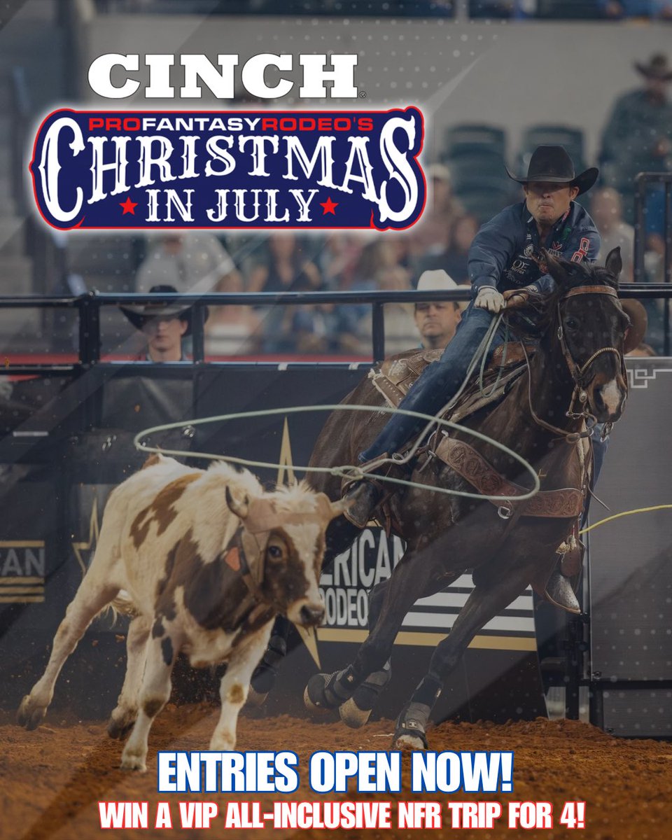 ProFantasyRodeo's tweet image. Have you got your Christmas In July Pro Fantasy team yet? Pro Fantasy Rodeo’s Christmas in July presented by CINCH, is now open, and this year’s grand prize is bigger than ever. We are giving away an All-inclusive VIP NFR trip for 4!!! Enter at profantasyrodeo.com