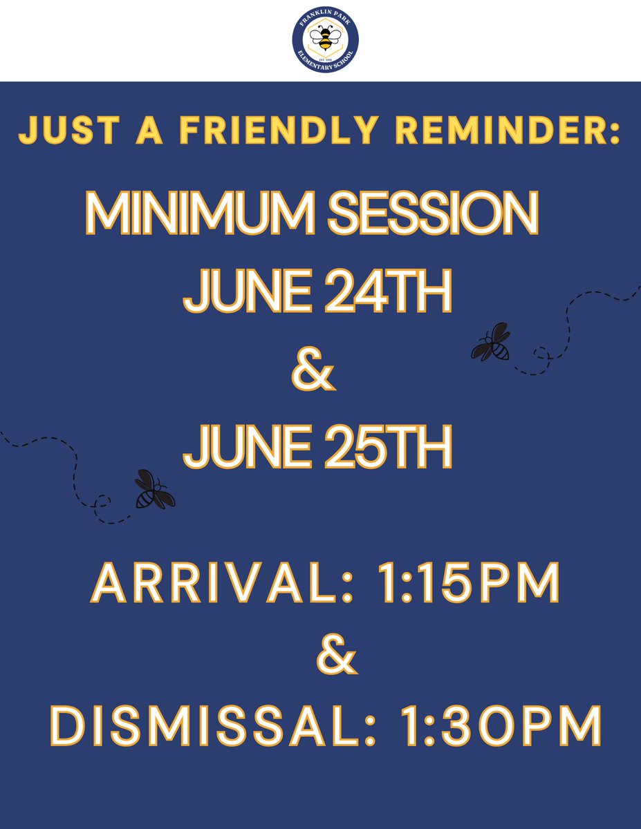 Aqiyla Duncanson (@aduncanson_ftps) on Twitter photo Just a friendly reminder: Minimum Session Days on June 24th & June 25th. Arrival for car riders is 1:15pm and dismissal from school is 1:30pm. <a href="/FPS_Stein_FTPS/">Jennifer Stein</a> @VP_JYoung_FTPS Just a friendly reminder: Minimum Session Days on June 24th & June 25th. Arrival for car riders is 1:15pm and dismissal from school is 1:30pm. <a href="/FPS_Stein_FTPS/">Jennifer Stein</a> @VP_JYoung_FTPS