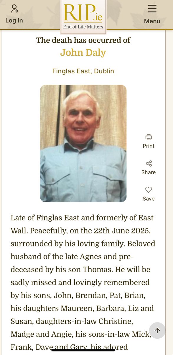 Tolka Rovers send our deepest condolences to the Daly family on the passing of John Daly — a true Tolka man who gave so much to the club over the years. He will be sadly missed. RIP John.

Funeral details: rip.ie/death-notice/j…