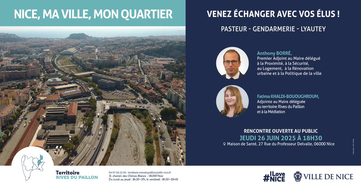 Fkhaldi06's tweet photo. Dans le cadre du dispositif "Nice,ma Ville,mon Quartier" je vous invite à 1 réunion publique avec le 1er adjoint @anthony_borre Jeudi 26/06 à 18h30 au 27 rue du P.Delvalle (à proximité du terminus de la ligne 1 du tram) Moment d’écoute d'échange &amp; de dialogue avec les habitants. https://t.co/VTUIWSJwxd