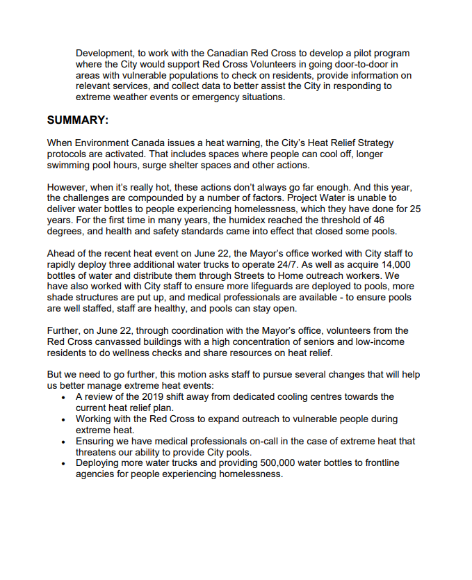In addition to immediate actions to ensure pools stay open (in line with worker health and safety rules), I am introducing a motion this week that strengthens the City's response to extreme heat:

- Deploying more water trucks for everyone and providing 500,000 water bottles to