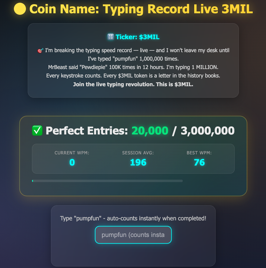 3MILtoken's tweet photo. 🎯 I’m breaking the typing speed record — live — and I won’t leave my desk until I’ve typed “Pumpfun” 1,000,000 times.
Every keystroke is $3MIL history.
We just hit 20,000 . Every $3MIL token is a letter in the story.
🖱️ https://t.co/59ZIdwLqtu
#Pumpfun #solana #3MIL $3MIL https://t.co/cyFCEIzTe0