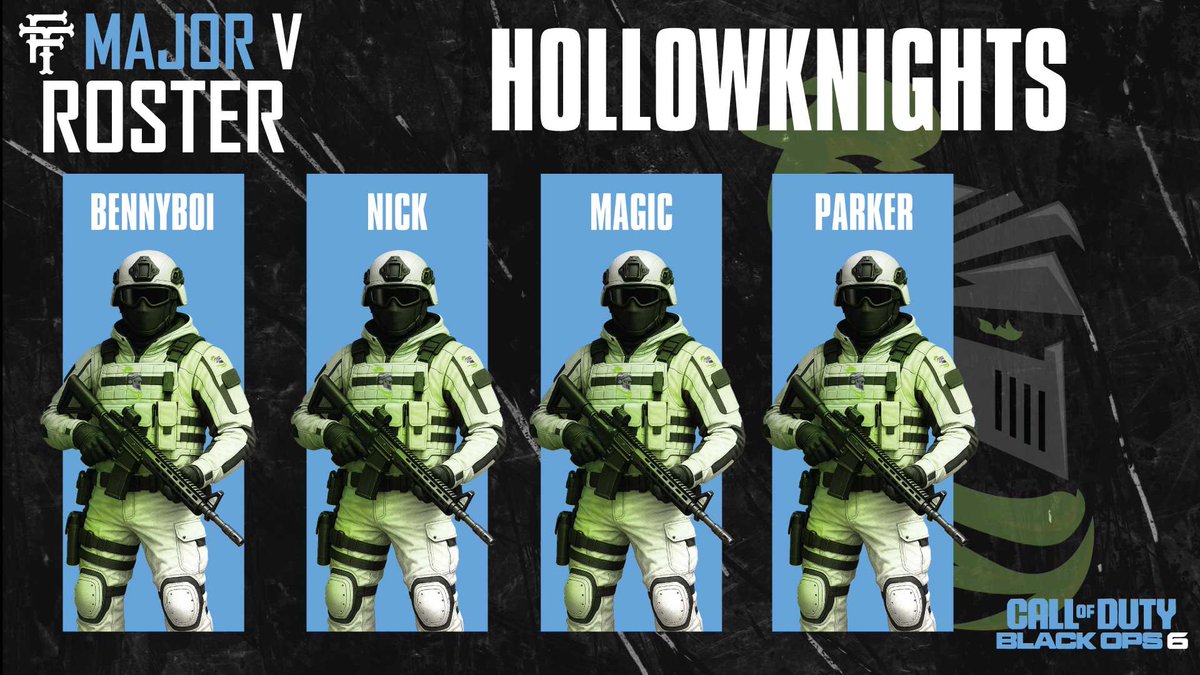 FT_CODLeague's tweet image. FT MAJOR 5 TEAMS ‼️
BLACK DIVISION ⚫️

Hollowknights ￼
🎮 @benstouttt (c)
🎮 @Nick23 
🎮 @magicallife133 
🎮 @Poparker1_