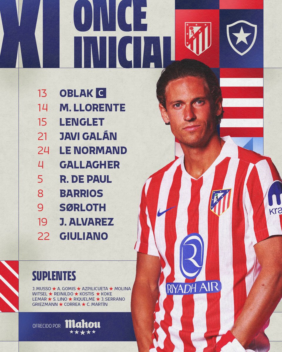 Alineacion del <a href="/Atleti/">Atlético de Madrid</a> vs Botafogo.

#MundialDeClubes