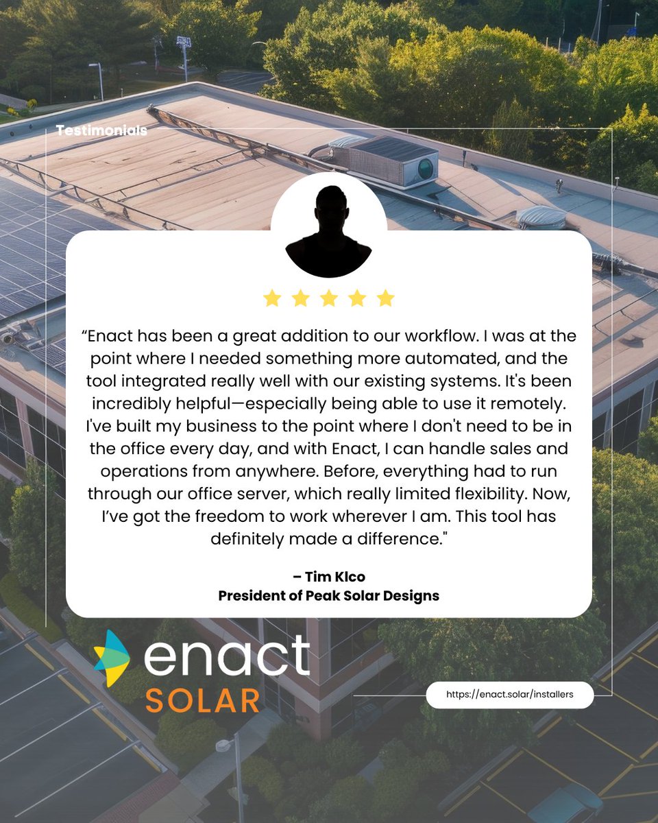 ENACTSOLAR's tweet photo. Empowering solar pros to work smarter, not harder ☀️ Hear how Enact helped Tim run his business from anywhere — with total flexibility. 

#SolarSuccess #InstallerTools #EnactSolar https://t.co/4WZ0BXoM9I