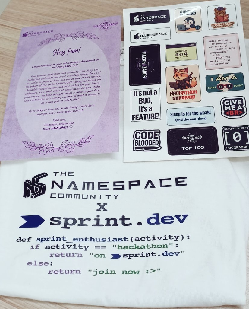 payal_codes's tweet photo. Secured a position among top 100 teams with the contribution of my team and received amazing goodies from @namespacecomm
It was a great time participating in #HACKHAZARDS'25
#hackathon #top100 https://t.co/sntB8MzwZ8