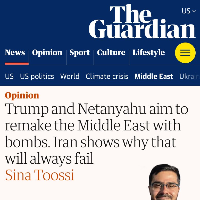 Sina Toossi (@sinatoossi) on Twitter photo The US-Israeli war on Iran isn't a strategic masterstroke—it's a desperate gamble that risks catastrophic escalation.
My latest for <a href="/guardian/">The Guardian</a> on why coercion is failing, diplomacy is the only way out, and how Netanyahu is playing Trump.
🧵>>> The US-Israeli war on Iran isn't a strategic masterstroke—it's a desperate gamble that risks catastrophic escalation.
My latest for <a href="/guardian/">The Guardian</a> on why coercion is failing, diplomacy is the only way out, and how Netanyahu is playing Trump.
🧵>>>