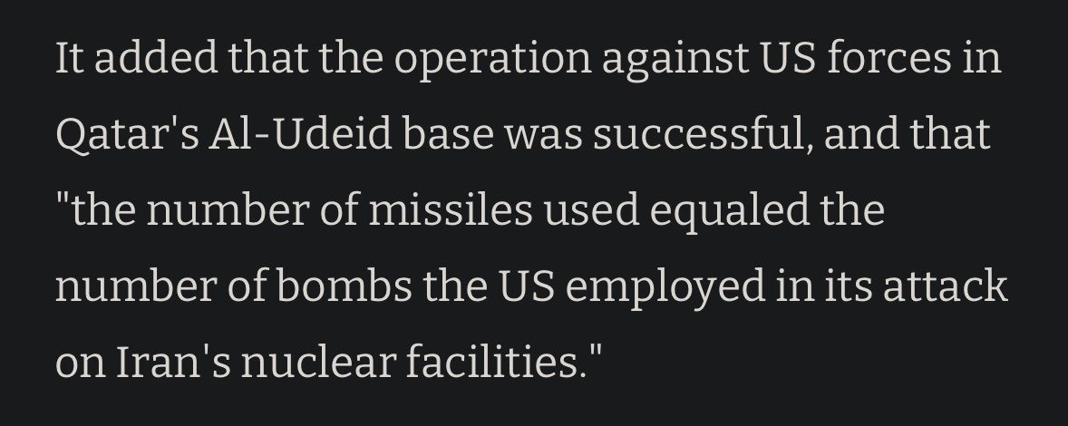 Iran’s choice of symbolic symmetry in the number of missiles used — combined with Iran’s reported advance notice to US and Qatar — signals that it wants to close the book on this episode and not escalate further. US should take the W.