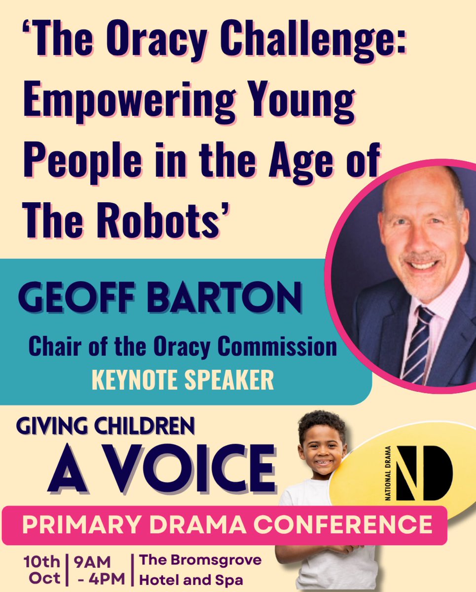 National_Drama's tweet image. 🎭 Geoff Barton @RealGeoffBarton will be the Keynote speaker at #ND25PrimaryConference
The Oracy Challenge: Empowering Young People in the Age of The Robots. Don't miss out ... get your ticket today
🗓️ Friday 10th October 2025
📍 Bromsgrove Hotel & Spa
🔗 buytickets.at/nationaldrama/…