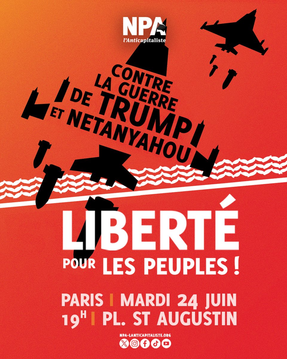 ✊ Contre la guerre de Trump et Netanyahou ! Liberté pour les peuples !
Appel à se rassembler partout en France demain soir !
À Paris, rendez-vous à 19h, Place Saint-Augustin !
