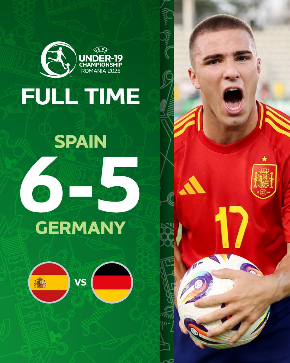 ⏱️🇪🇸 0-1 🇩🇪 (28')
⏱️🇪🇸 1-1 🇩🇪 (61')
⏱️🇪🇸 1-2 🇩🇪 (78')
⏱️🇪🇸 2-2 🇩🇪 (90'+1)
⏱️🇪🇸 3-2 🇩🇪 (90'+5)
⏱️🇪🇸 3-3 🇩🇪 (90'+9)
⏱️🇪🇸 4-3 🇩🇪 (97')
⏱️🇪🇸 4-4 🇩🇪 (104')
⏱️🇪🇸 4-5 🇩🇪 (107')
⏱️🇪🇸 5-5 🇩🇪 (113')
⏱️🇪🇸 6-5 🇩🇪 (119')

The highest-scoring game in #U19EURO finals history 🔥