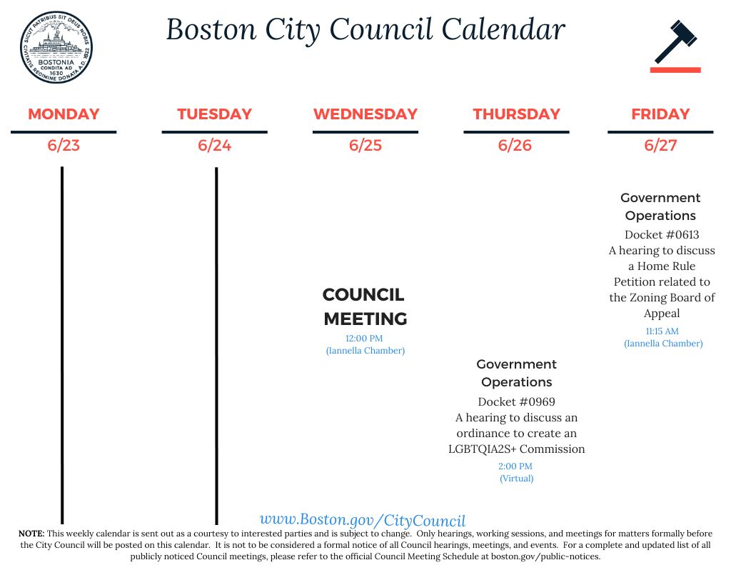 Good afternoon #Boston!  

Here is this week’s City Council Calendar.