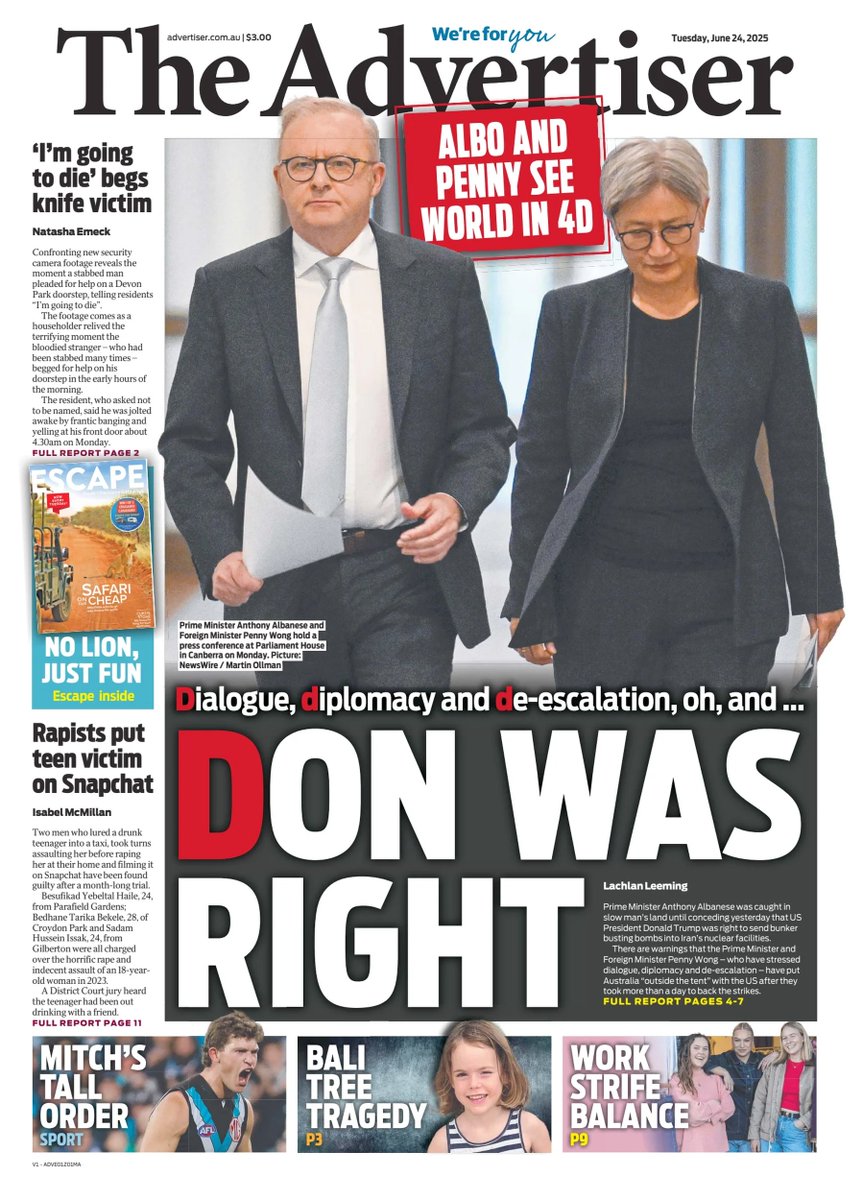 π΅ππππ πΏππππ πππππ’ π° (@ukpapers) on Twitter photo π¦πΊ Don Was Right
β«Albo and Penny see world in 4D
β«Dialogue,
β«Diplomacy
β«De-escalation
β«<a href="/LeemingLachie/">Lachlan Leeming</a>
#frontpagestoday #Australia <a href="/theTiser/">The Advertiser</a> π¦πΊ Don Was Right
β«Albo and Penny see world in 4D
β«Dialogue,
β«Diplomacy
β«De-escalation
β«<a href="/LeemingLachie/">Lachlan Leeming</a>
#frontpagestoday #Australia <a href="/theTiser/">The Advertiser</a>