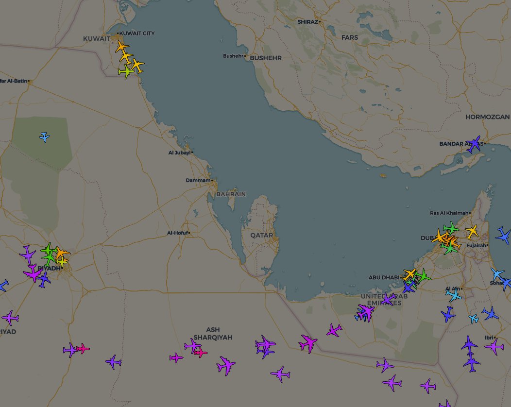 Robin Morrison (@robinmmorrison) on Twitter photo Closure of Qatar airspace this afternoon (16:36Z) as Qatar is warned of an attack from Iran. Aircraft heading back to Kuwait, holding over Dubai & then taking a more southerly route through the area.
Pictures from : globe.adsbexchange.com
<a href="/GlobeSentinels/">Globe Sentinel</a> Closure of Qatar airspace this afternoon (16:36Z) as Qatar is warned of an attack from Iran. Aircraft heading back to Kuwait, holding over Dubai & then taking a more southerly route through the area.
Pictures from : globe.adsbexchange.com
<a href="/GlobeSentinels/">Globe Sentinel</a>