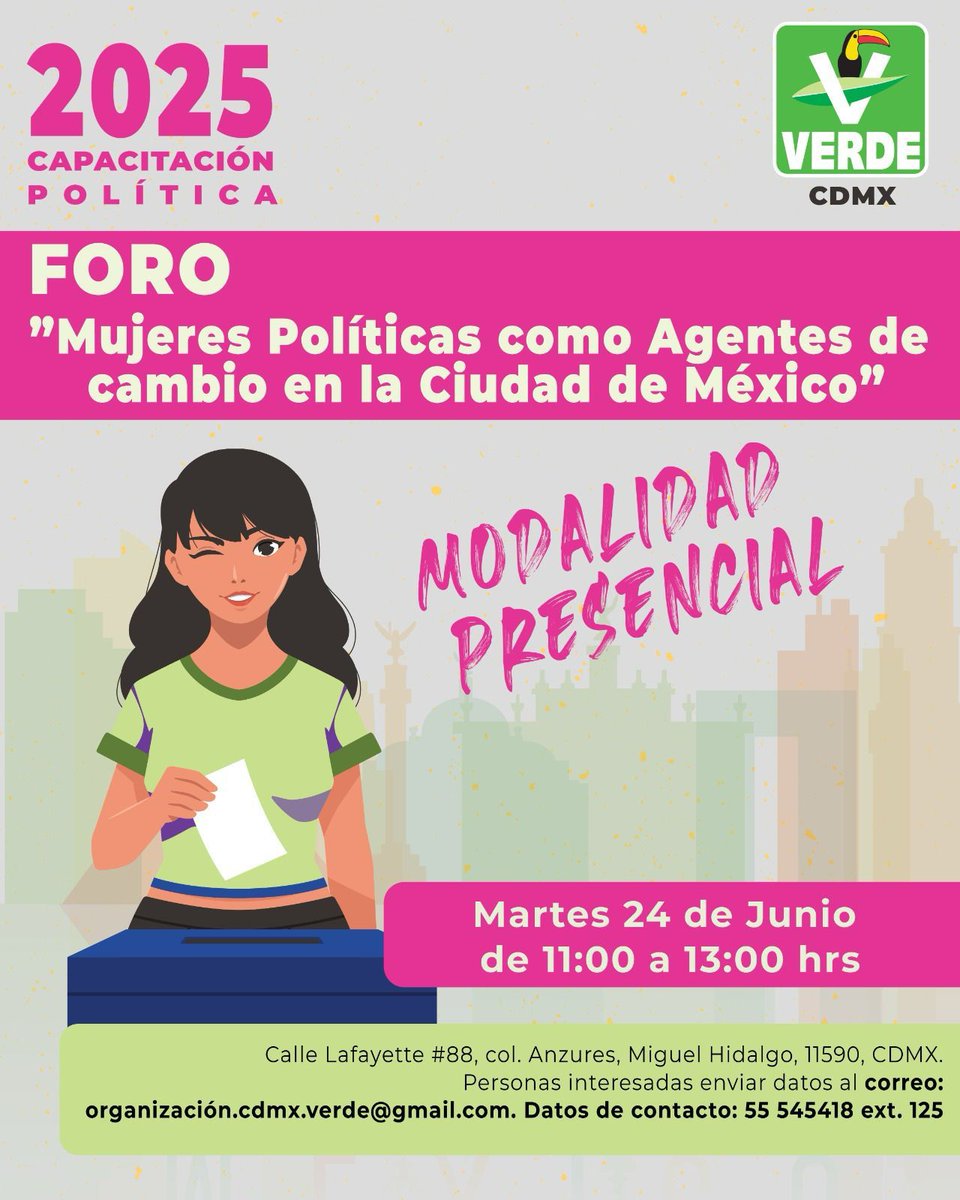 ¡Acompáñanos este martes 24 de junio al foro “Mujeres políticas como agentes de cambio en la CDMX”!

Una conversación clave sobre el liderazgo femenino y su impacto en nuestra ciudad.

📍 Lafayette 88, Col. Anzures
⏰ De 11:00 a 13:00 hrs

¡Tu voz también cuenta! Te esperamos.